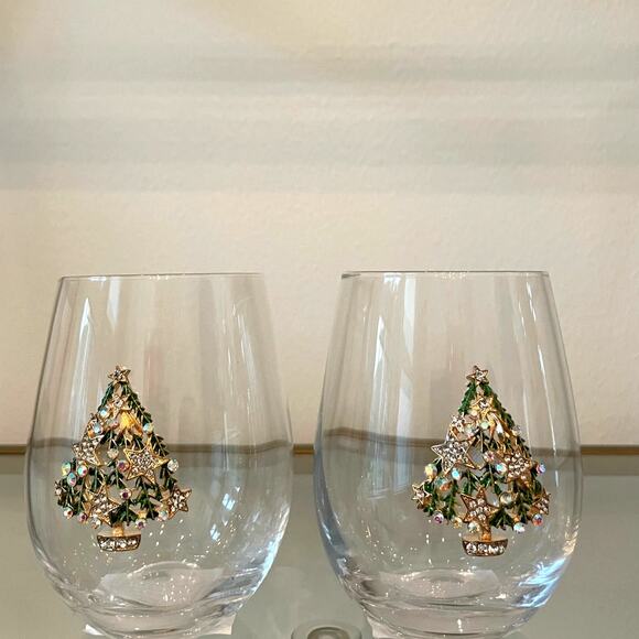 (2) Stemless Wine Glasses Jeweled Christmas Tree Green & Gold Holiday Glam NEW - Picture 12 of 16